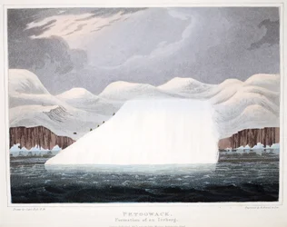 Petowacx, dannelse af et isbjerg, illustration fra "A Voyage of discovery...", 1819 (håndkoloreret gravering)